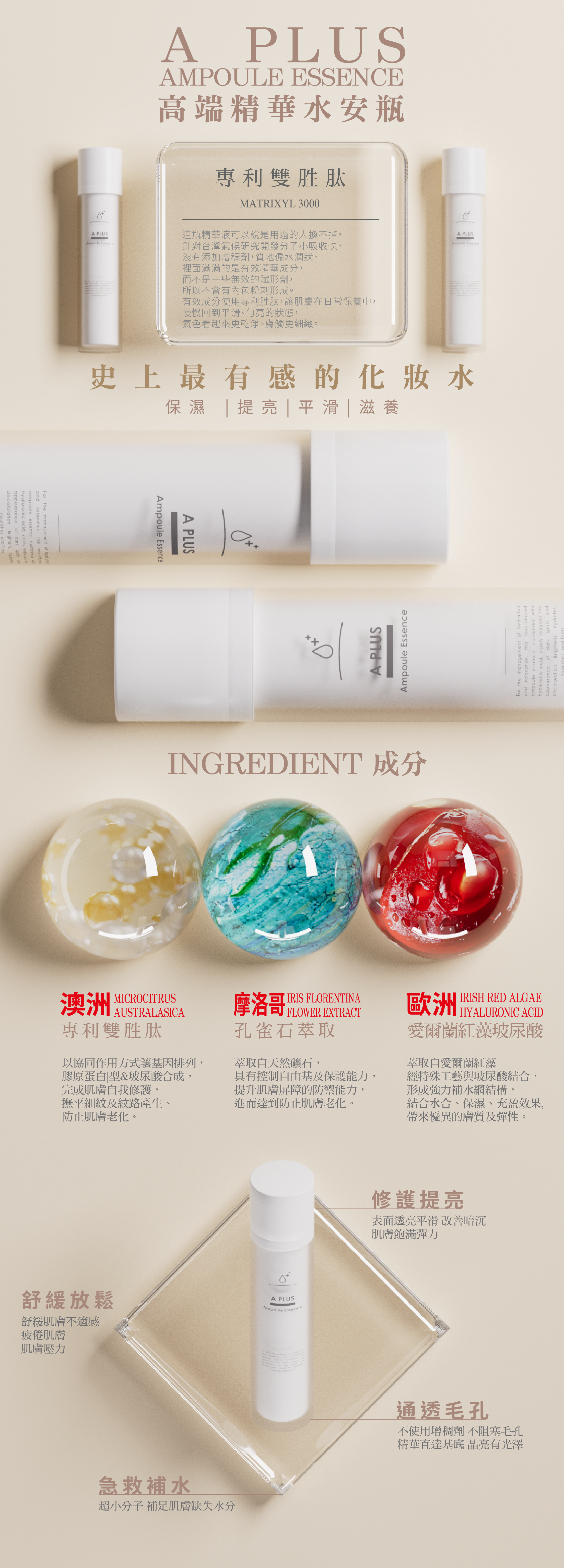 A PLUS 高端精華水安瓶：含專利雙胜肽、孔雀石萃取及紅藻玻尿酸成分介紹