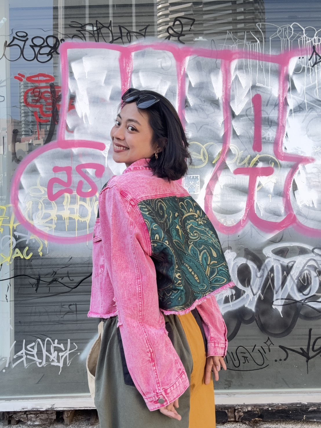 Annstudio-胭脂粉 拼接短版牛仔外套