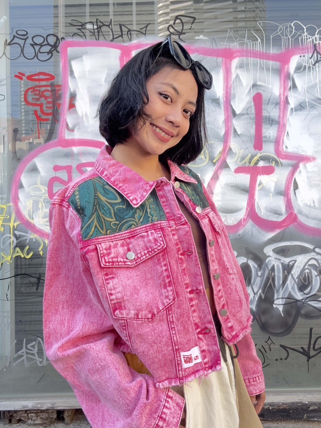 Annstudio-胭脂粉 拼接短版牛仔外套