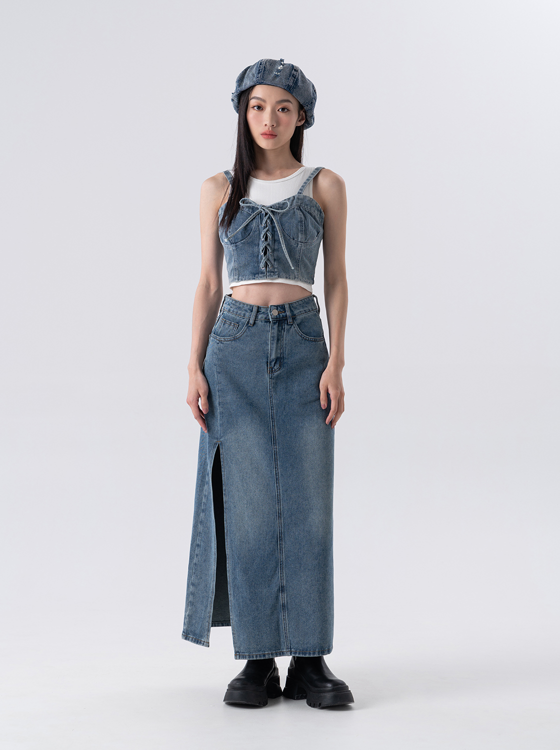 刷色側開岔直筒牛仔長裙