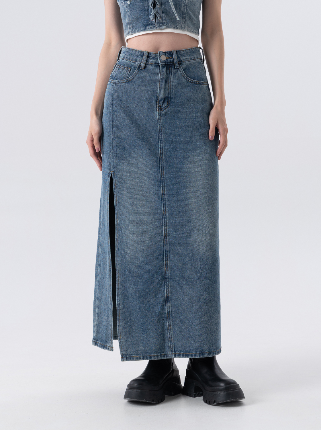 刷色側開岔直筒牛仔長裙