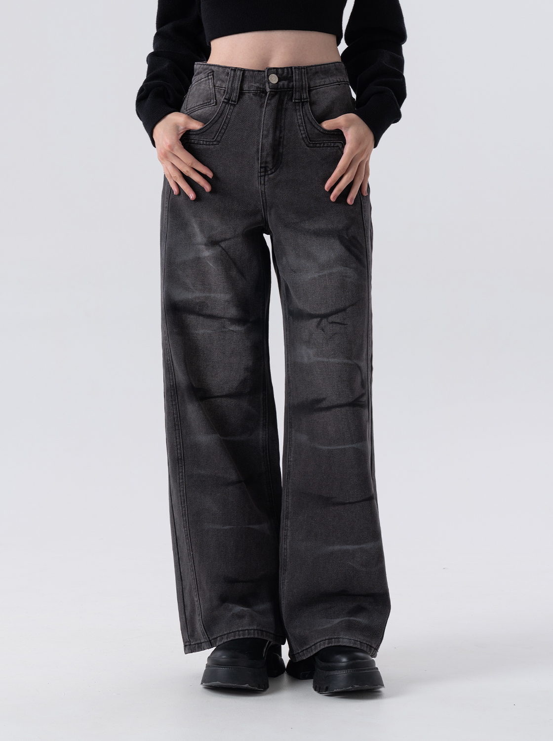 水洗迷彩紋牛仔寬褲