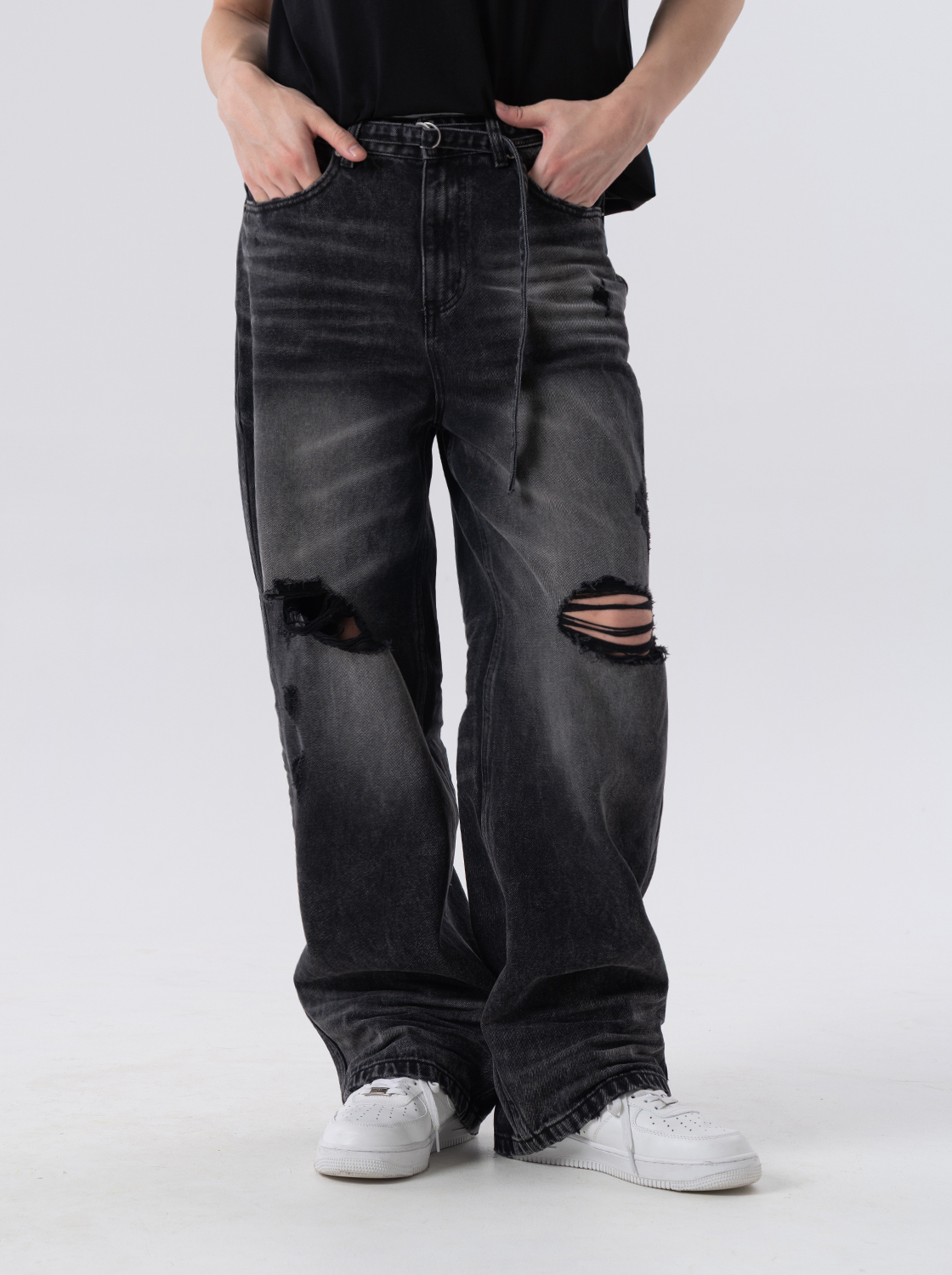 復古割破附腰帶超寬直筒褲