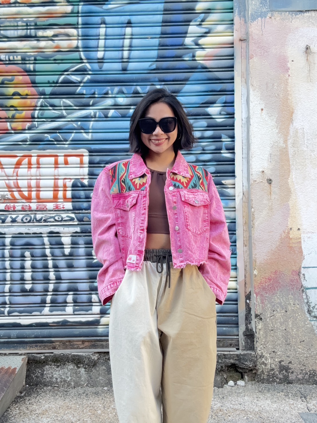 Annstudio-胭脂粉 拼接短版牛仔外套