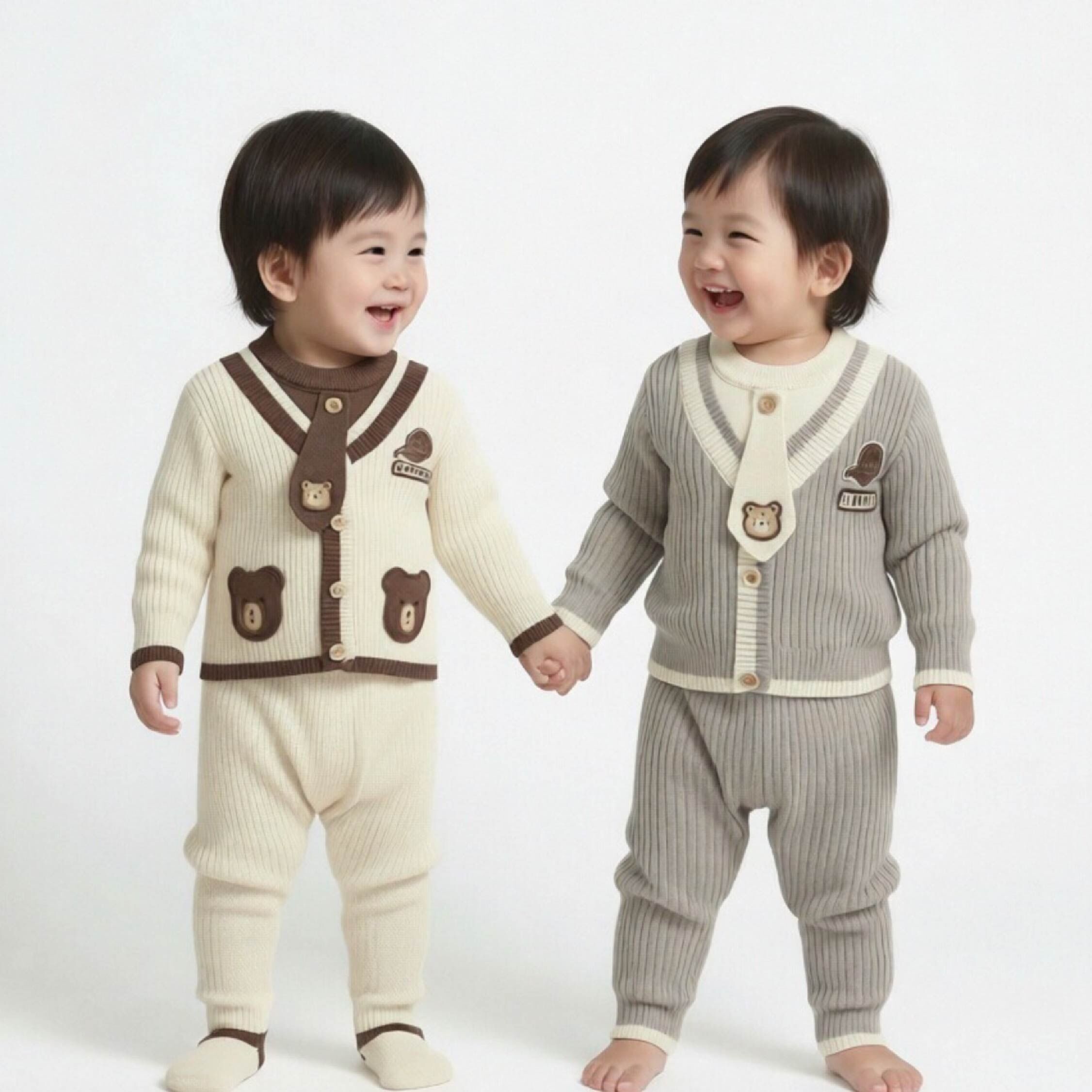 【H56243】小熊領結假兩件針織套裝＊二色