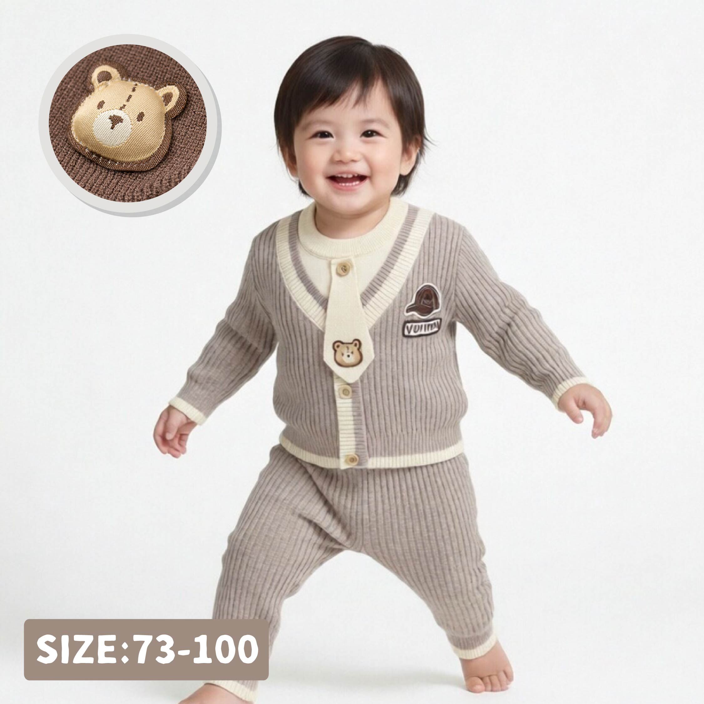 【H56243】小熊領結假兩件針織套裝＊二色