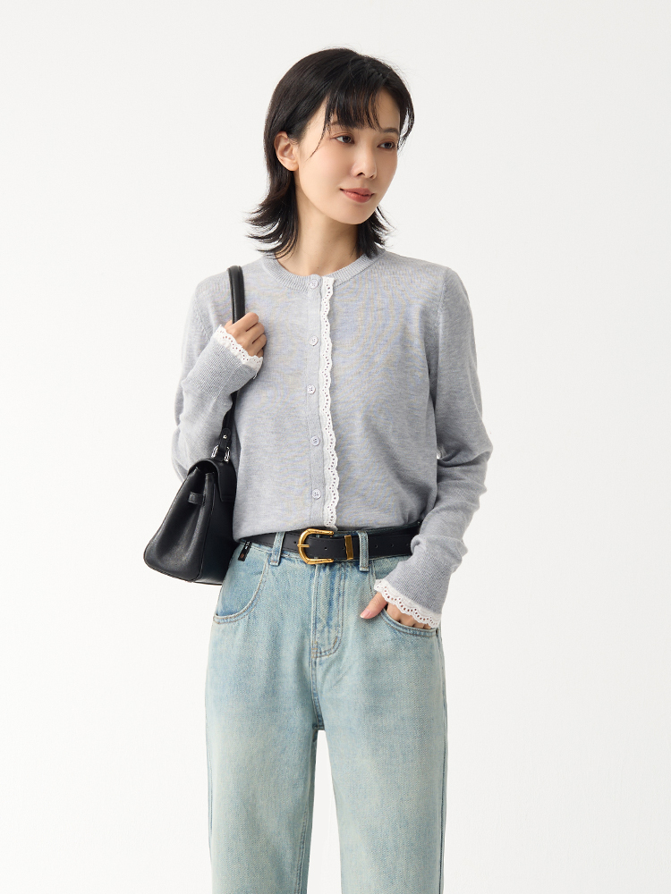 OH!HER 圓領布蕾絲針織薄外套