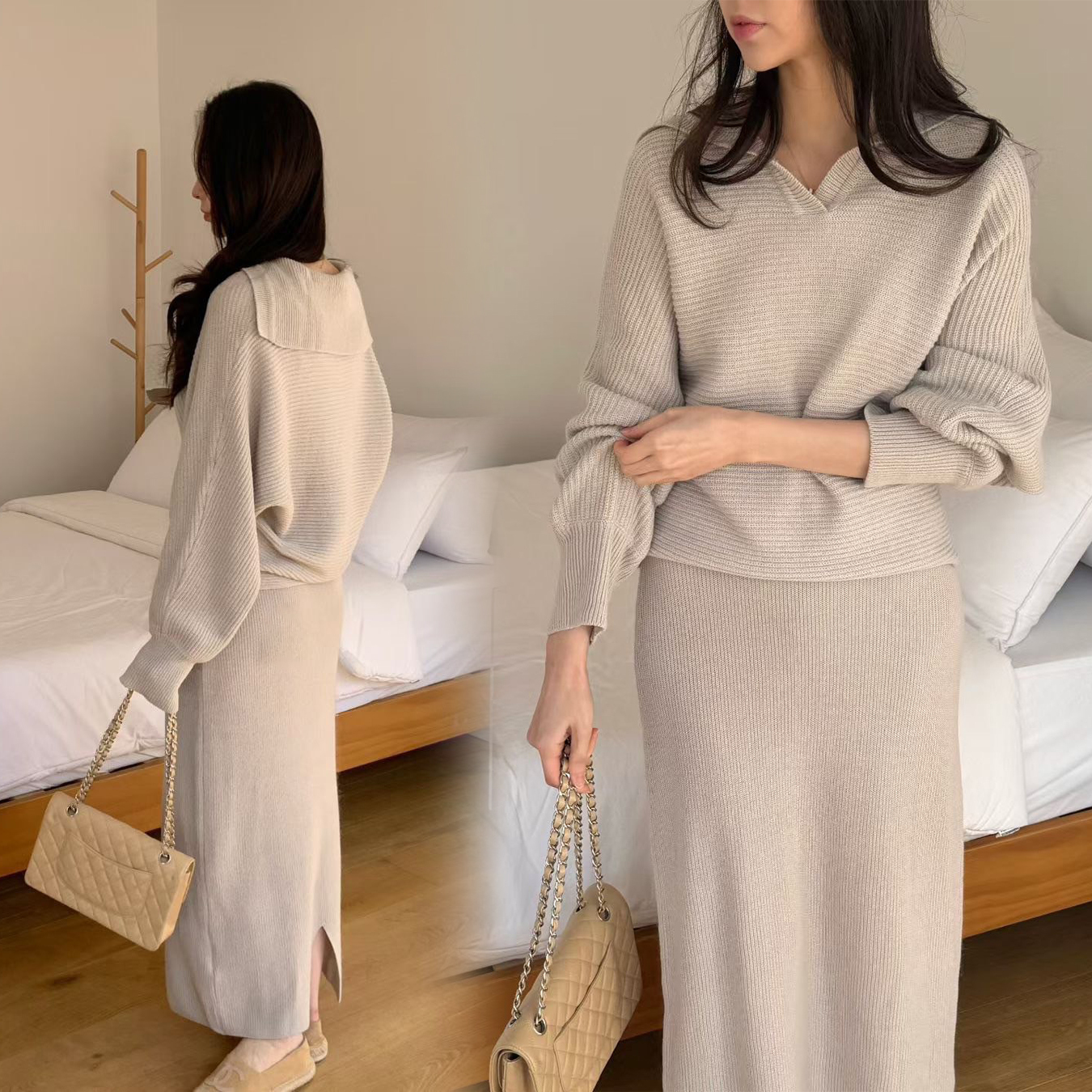 奶油杏大翻領造型橫向織紋毛衣+長裙SET