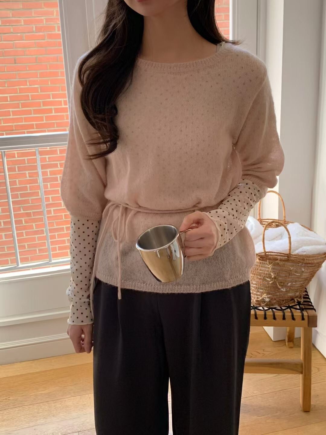 微透膚感五分袖圓領針織上衣-附綁帶 / 3色