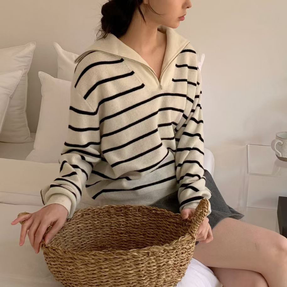 學院風配色橫條紋拉鏈翻領上衣 / 3色