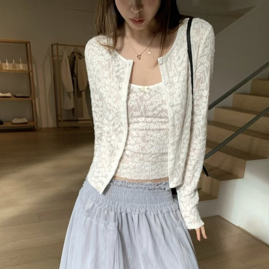 花朵織紋感圓領單釦外套+細肩帶背心SET / 2色