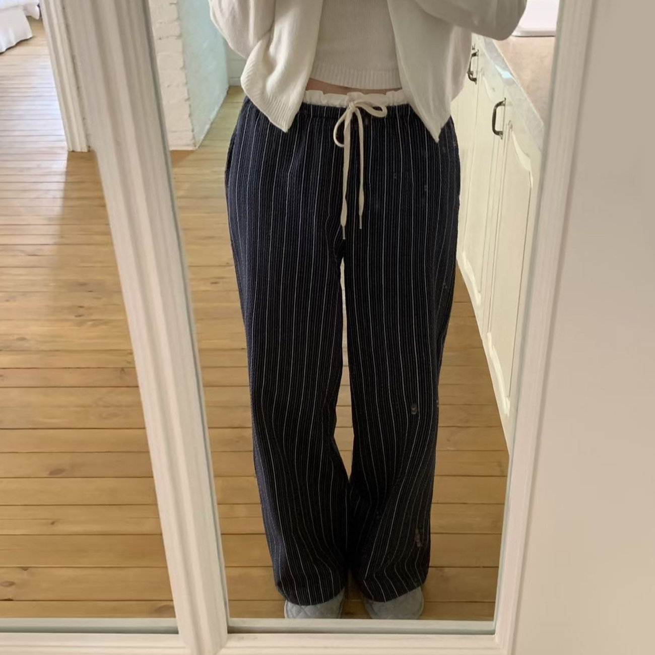 鬆緊腰白色腰頭綁帶造型直筒長褲-F / 3色