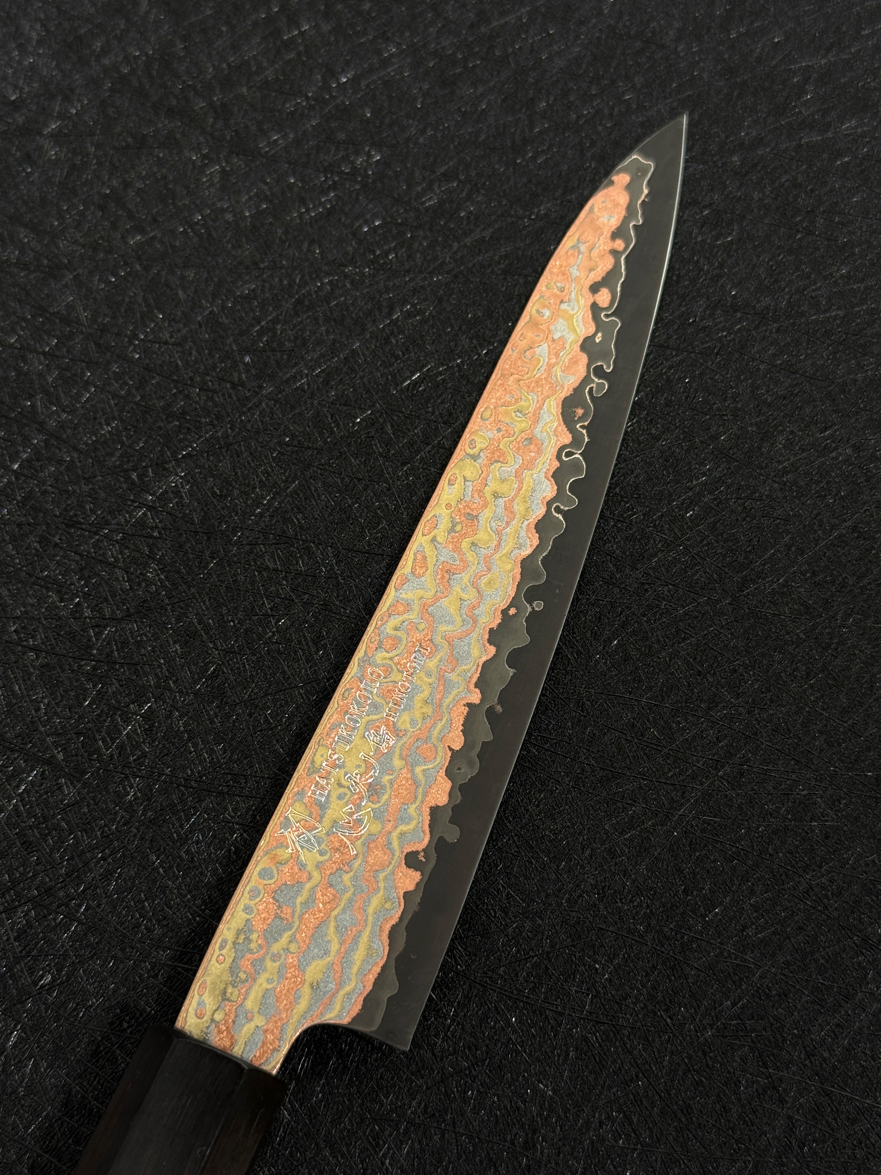 初心 火ノ鳥 青二鋼 有色大馬士革鋼 小刀 黑檀柄