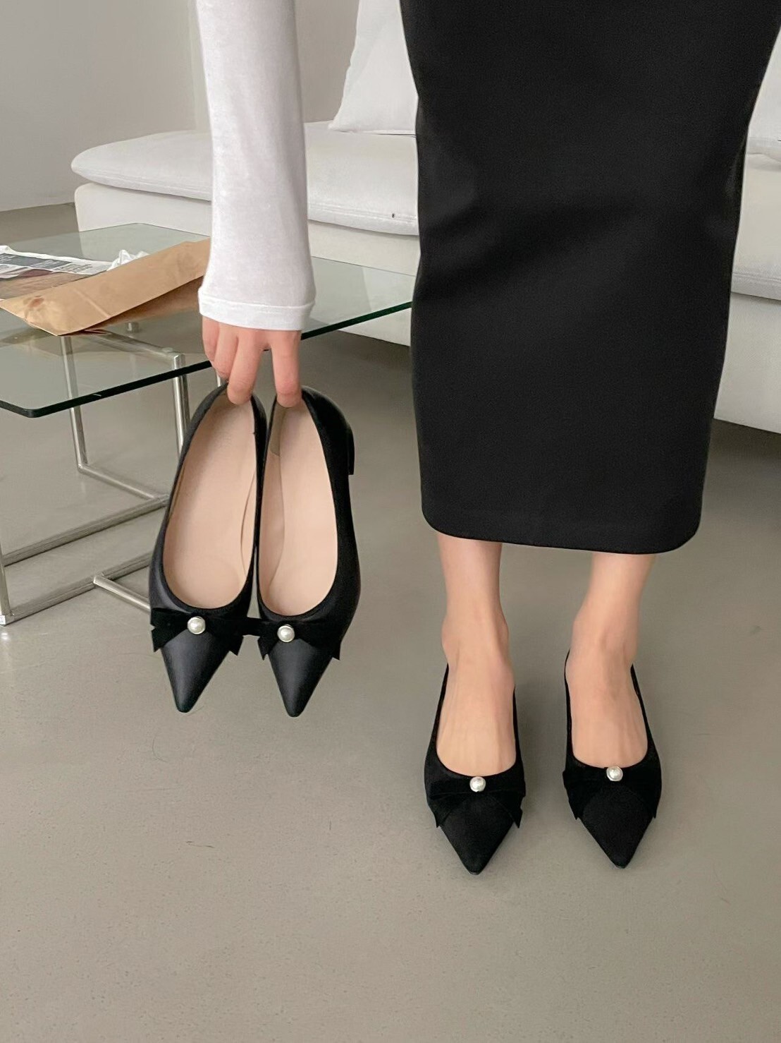 單顆珍珠蝴蝶結造型尖頭高跟鞋 / 3色