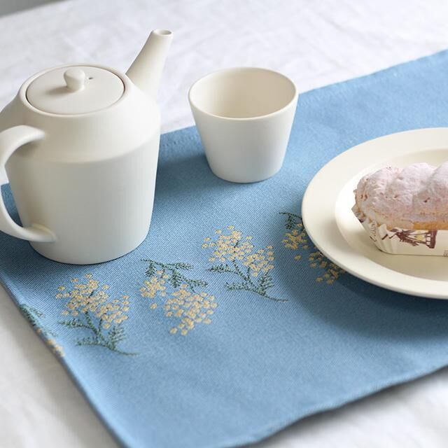 日本 CDF etendue 含羞草 刺繡 餐墊 (藍色)