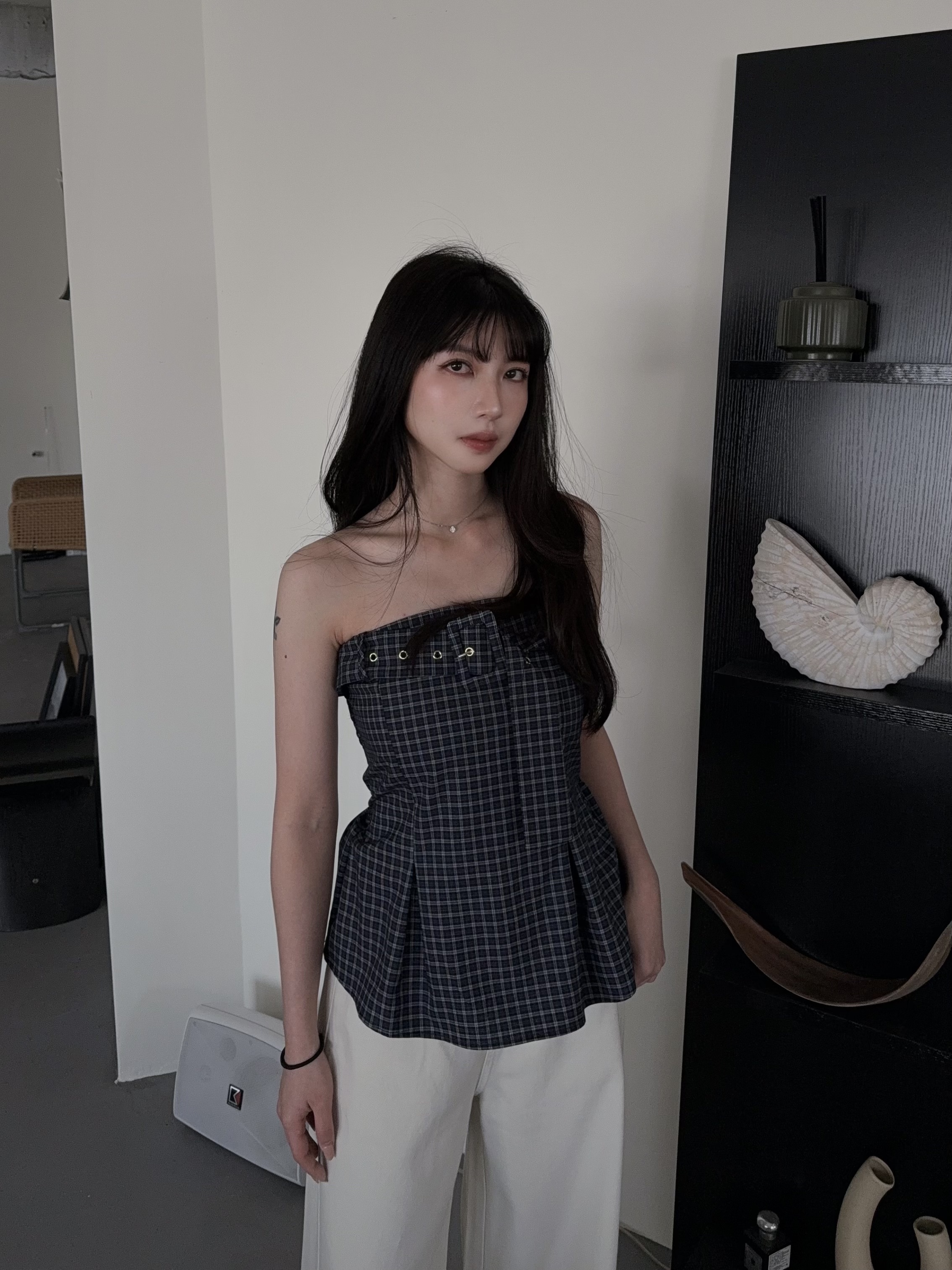 平口設計感格紋上衣