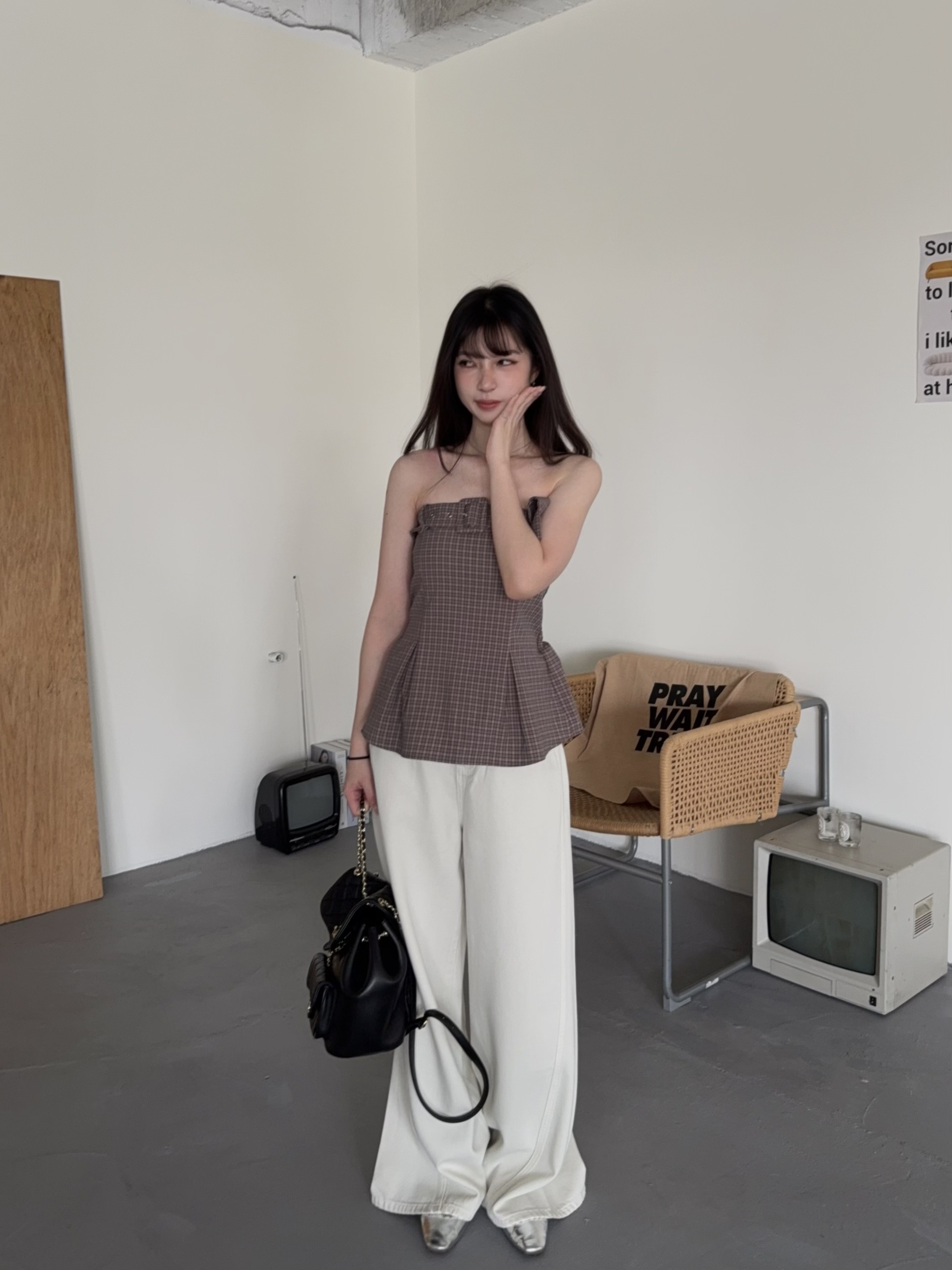 平口設計感格紋上衣