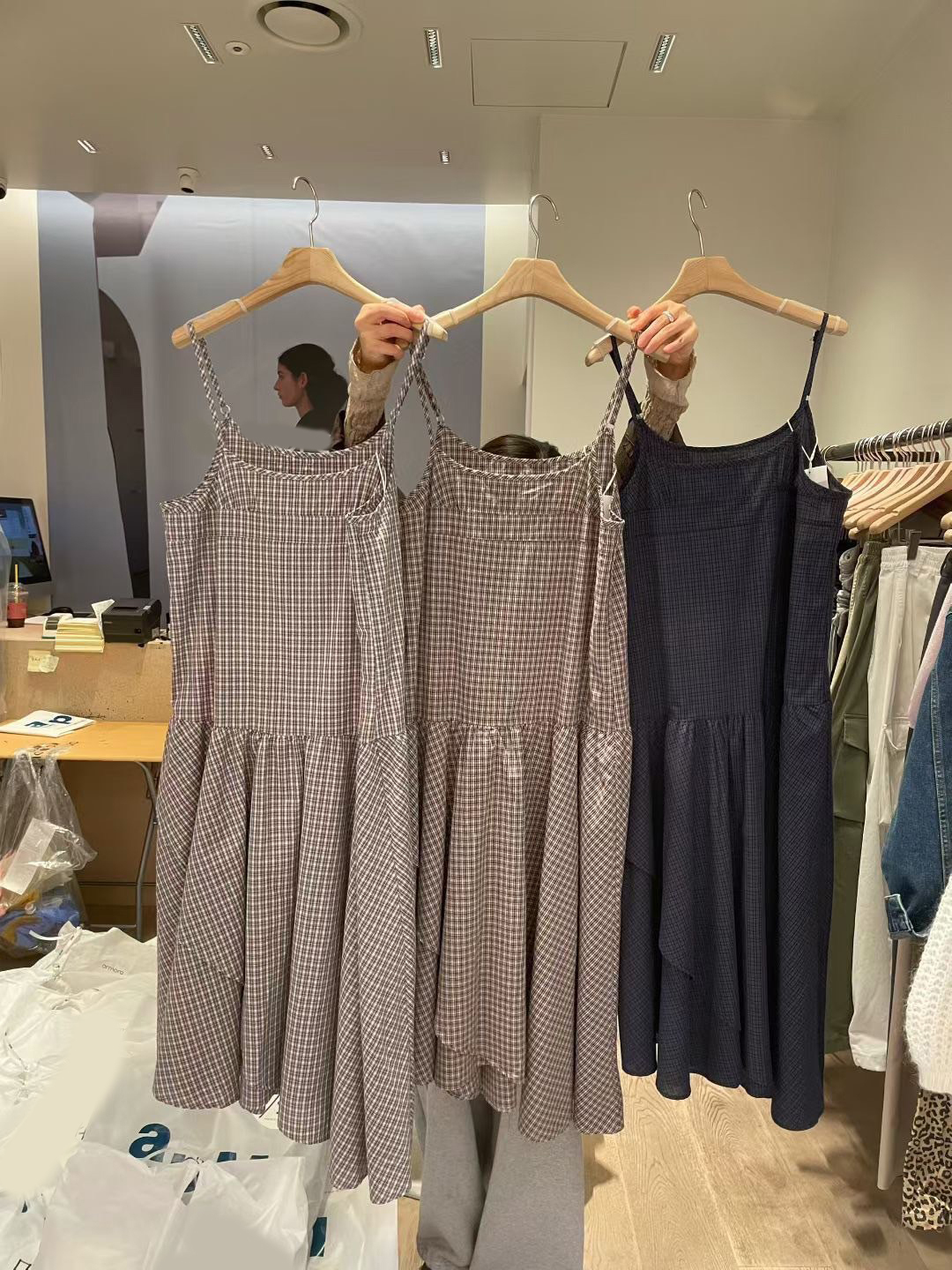 配色小格紋拼接裙擺細肩帶長洋裝 / 3色