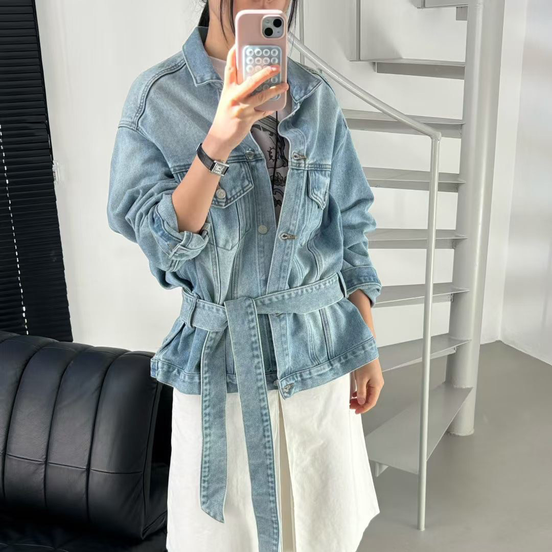 男友風復古刷色翻領寬鬆牛仔外套-附綁帶 / 2色