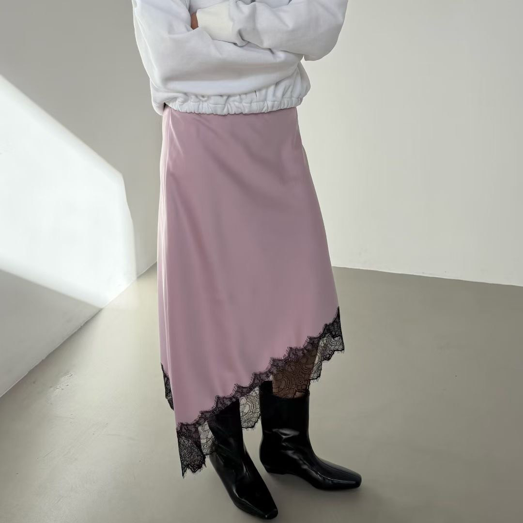 鬆緊腰下擺斜切蕾絲裙擺造型長裙-F / 3色