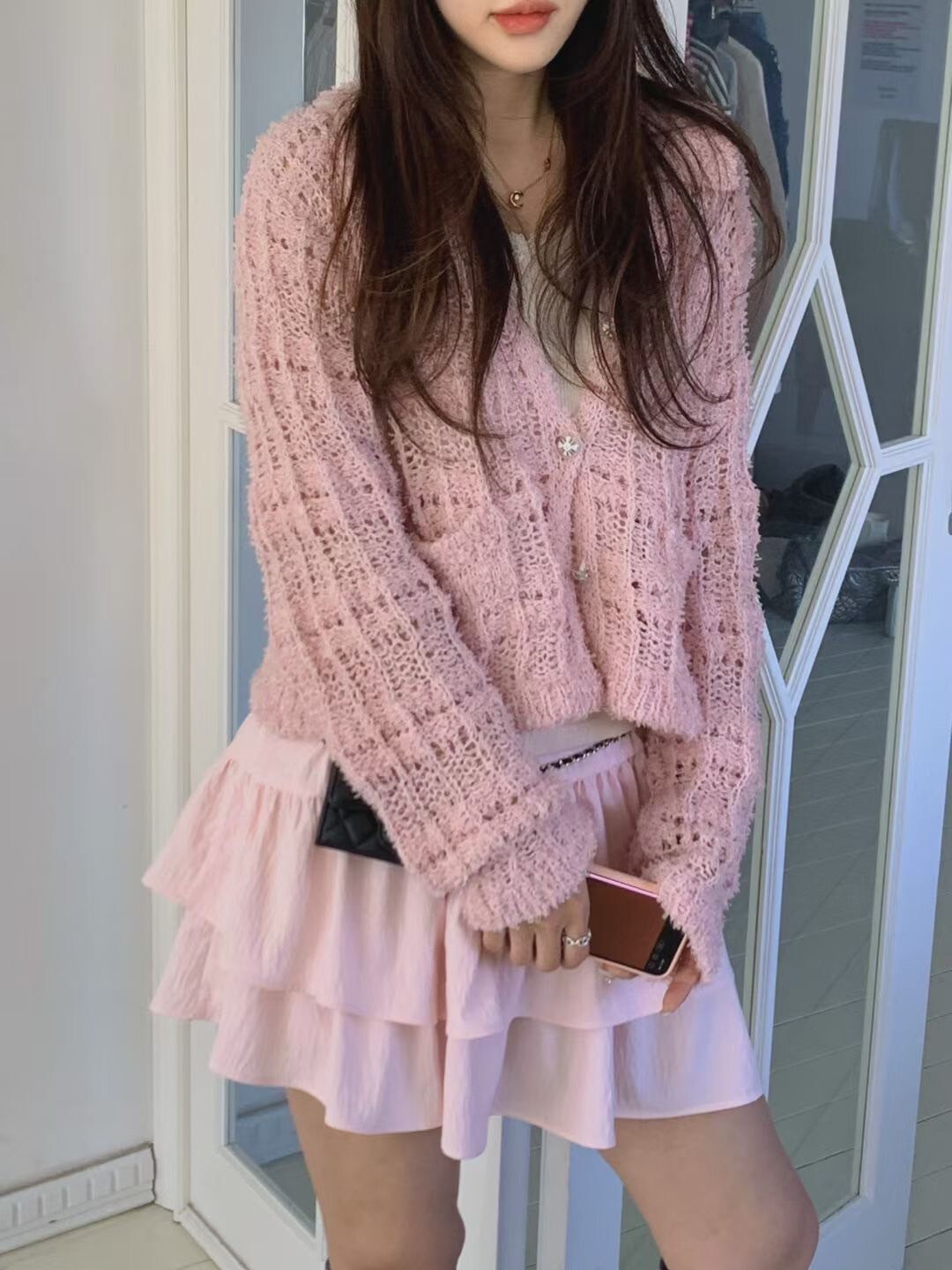 慵懶氣息鬆餅格針織翻領排釦上衣外套 / 3色