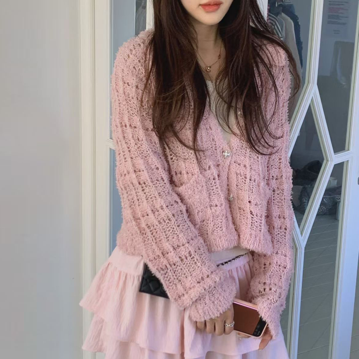 慵懶氣息鬆餅格針織翻領排釦上衣外套 / 3色