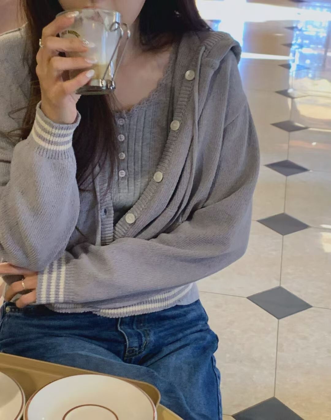 下擺配色三線條紋連帽排釦外套 / 3色