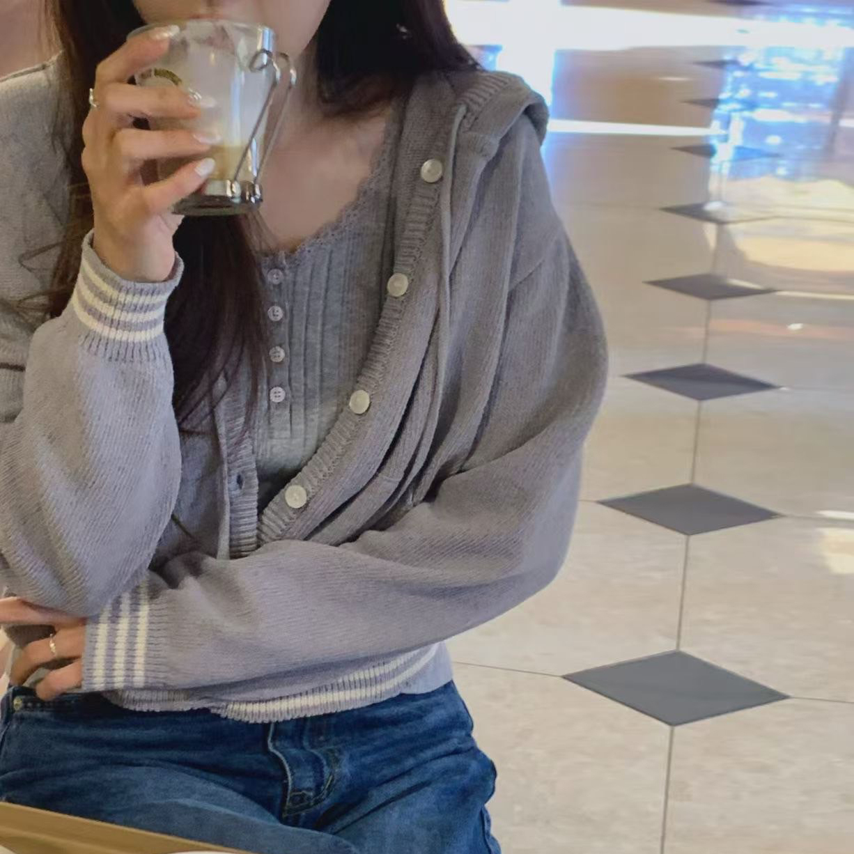 下擺配色三線條紋連帽排釦外套 / 3色