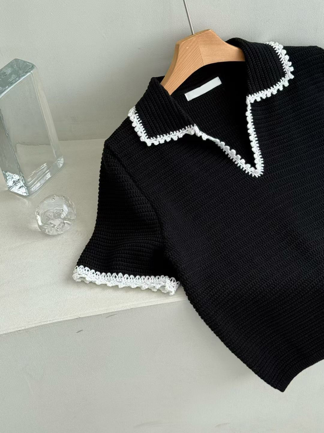 配色鋸齒滾邊翻領短袖針織上衣 / 2色