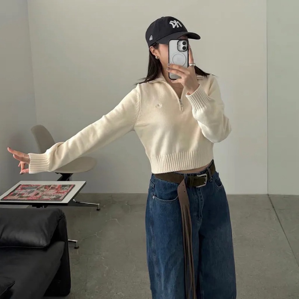 【預購】Adidas Originals Essentials 短版 針織 翻領 半拉鍊 針織衣 奶油白 長袖 II8043