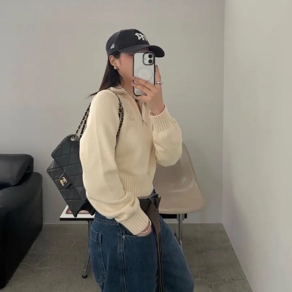 【預購】Adidas Originals Essentials 短版 針織 翻領 半拉鍊 針織衣 奶油白 長袖 II8043