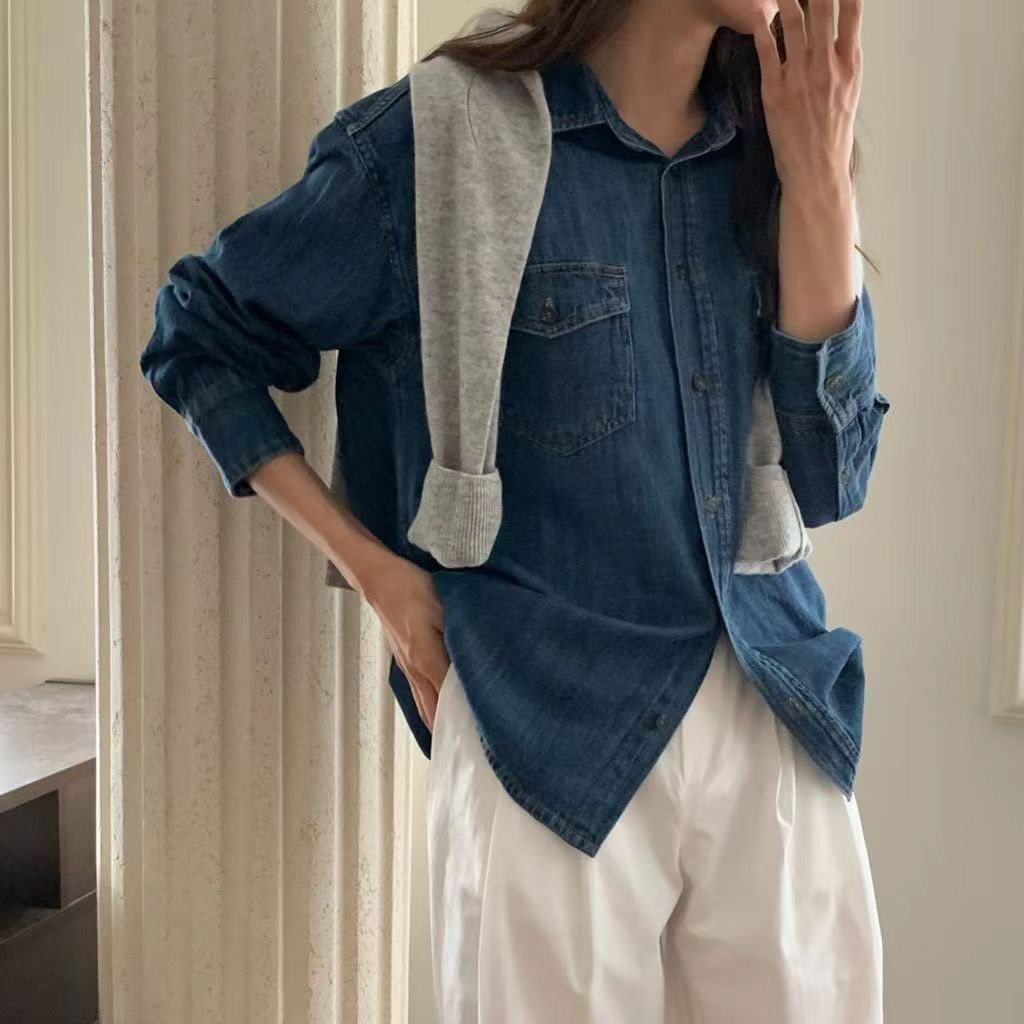 翻蓋雙口袋造型翻領復古牛仔襯衫罩衫