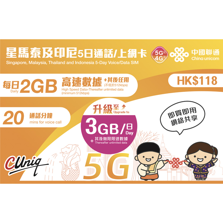 中國聯通 - 5日通話【星馬泰及印尼】(每日3GB) 5G/4G 無限上網卡數據卡SIM卡電話咭