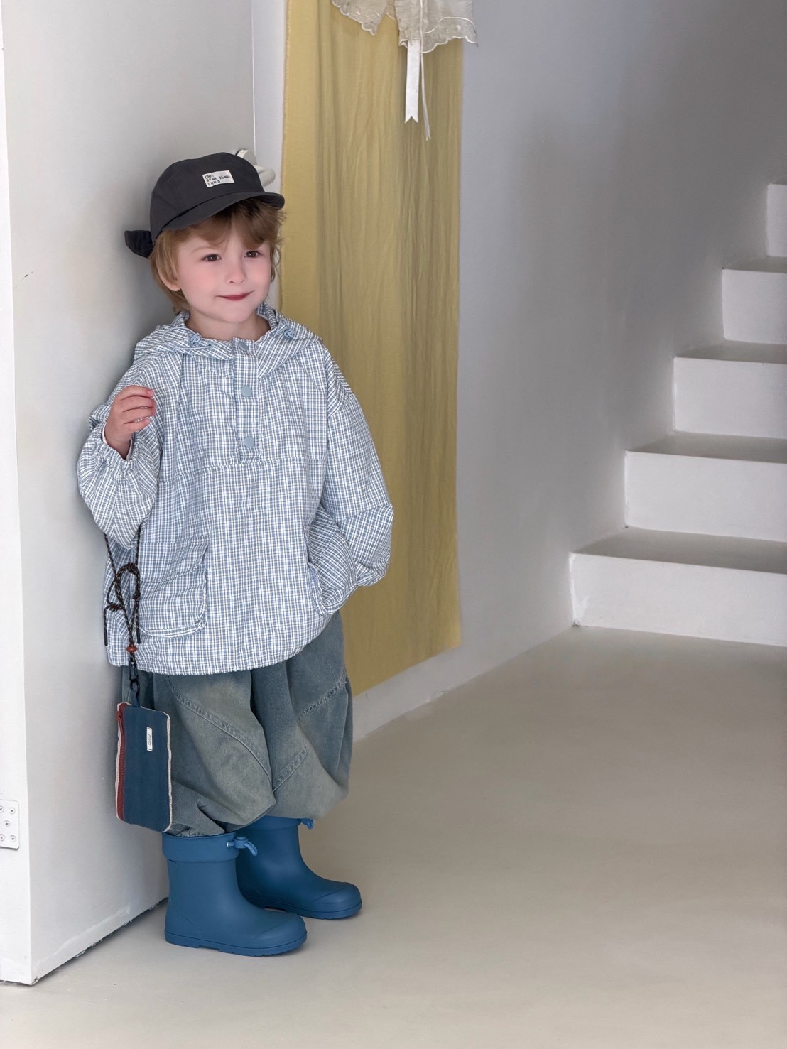 小藍格連帽休閒上衣