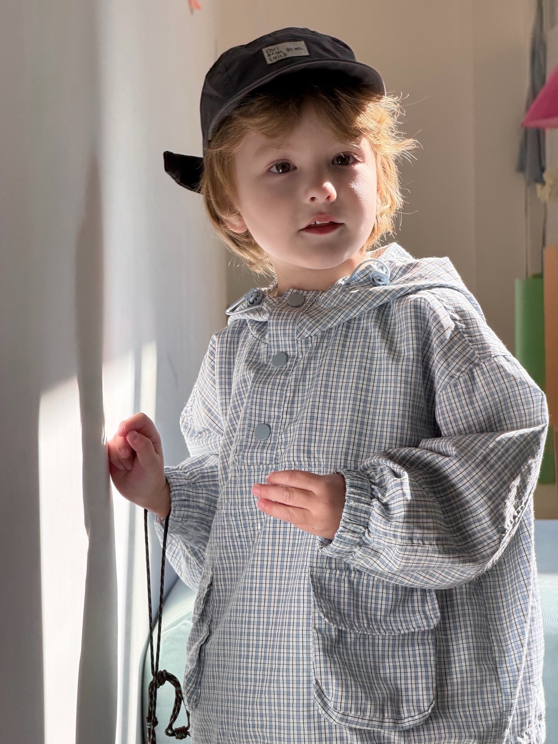 小藍格連帽休閒上衣