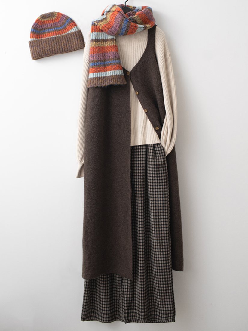 排釦針織洋裝泡泡袖針織磨毛格紋直筒長褲