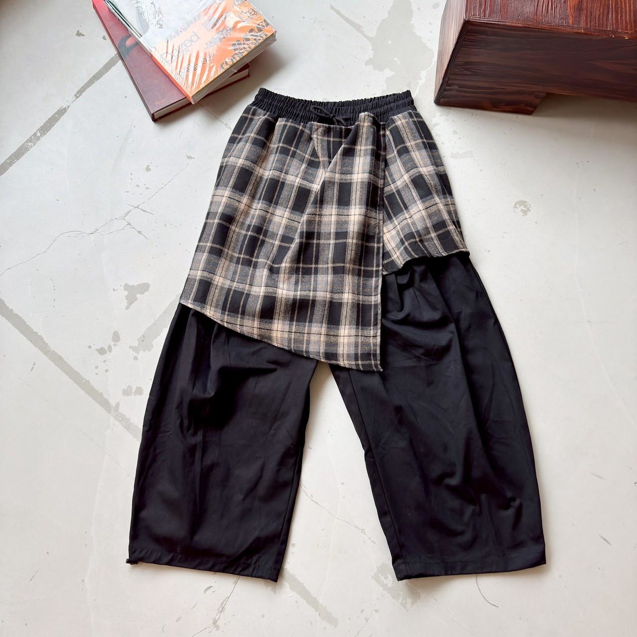 格紋拼接落地褲 1787