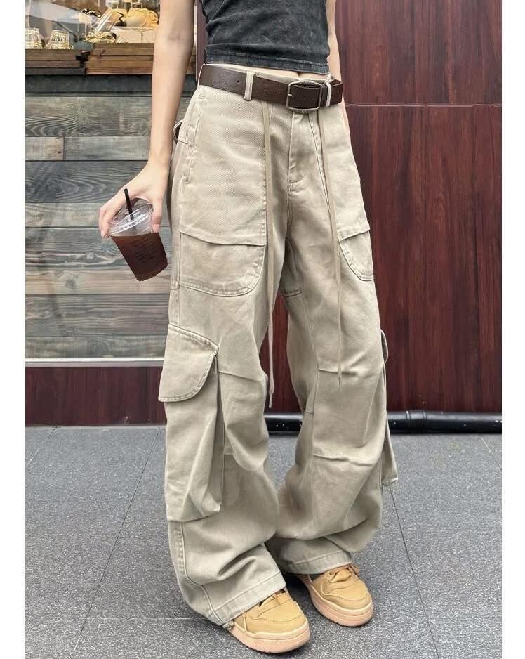 【時髦又休閒的側口袋工裝造型寬管褲】（現貨）