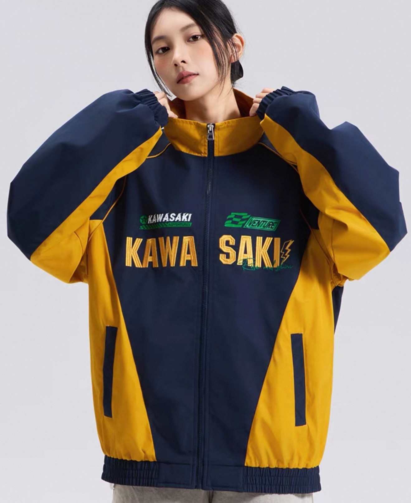 Kawasaki川崎美式 拼色 刺繡復古賽車風休閒外套  三色