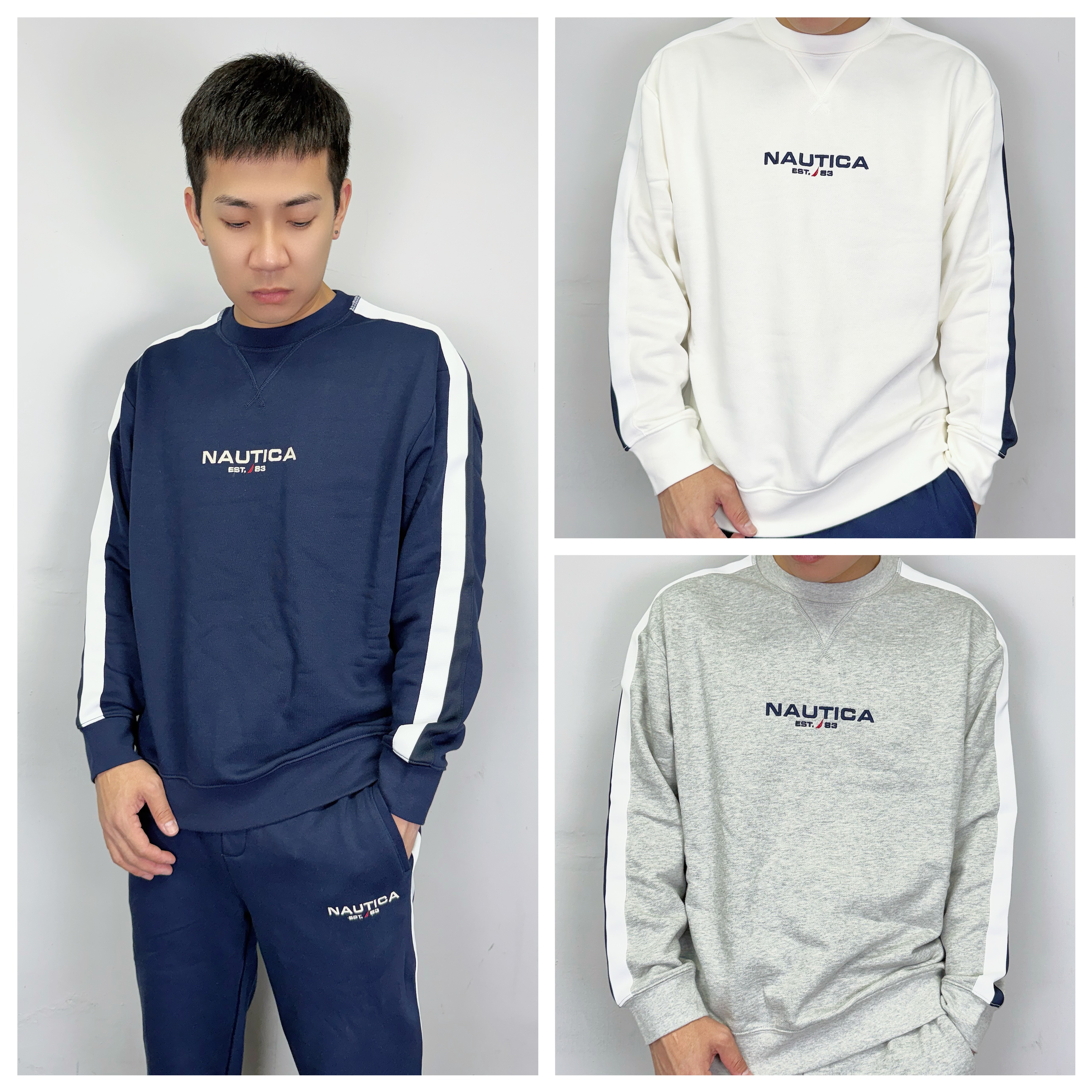 Nautica 帆船 側邊直條 電繡字母 大學T 長袖上衣