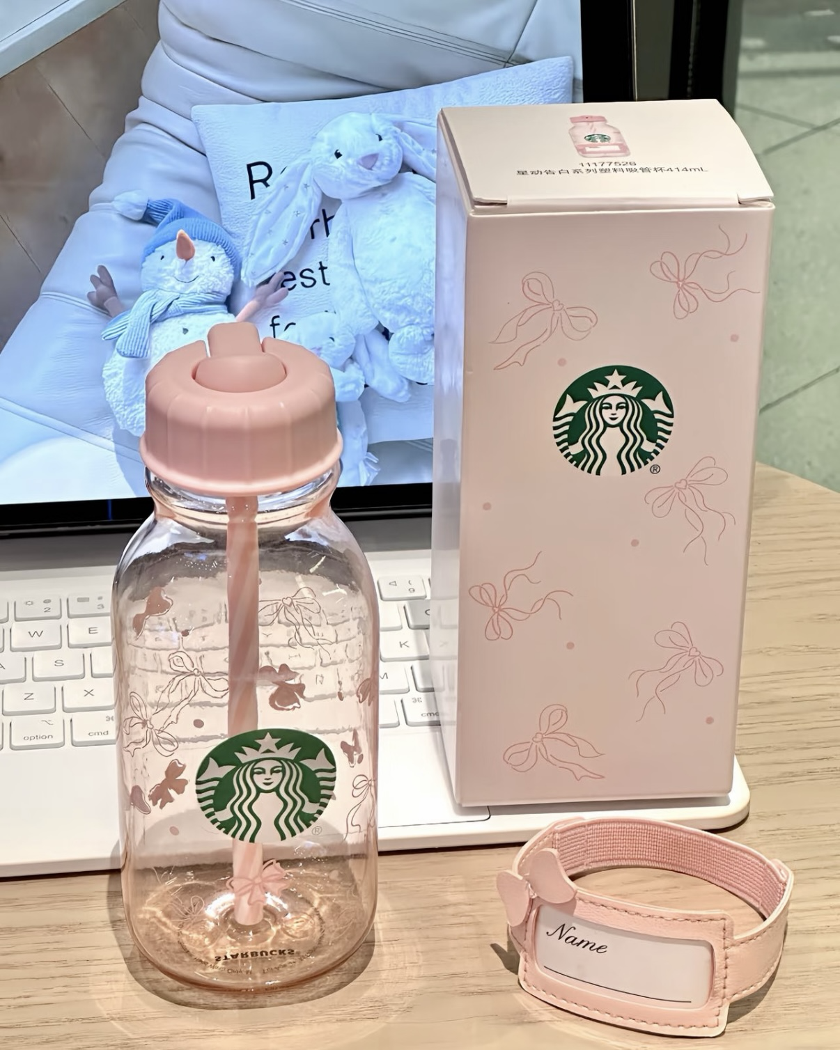 Starbucks 星巴克 星動告白系列 粉色 塑膠吸管杯 蝴蝶結 414ml