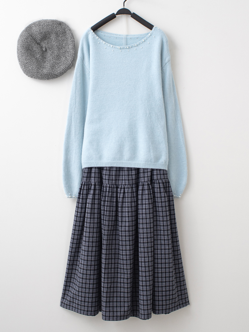 一字領針織上衣輕磨毛格紋口袋八分長裙組合
