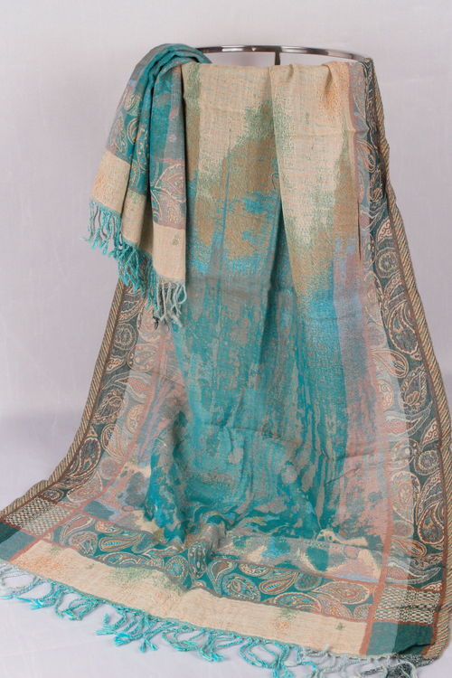 VK052 Scarfesia 藍色民族流蘇絲巾 100% Merino Wool