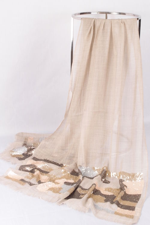 VK077 Scarfesia 杏色不規則花邊絲巾 92% Wool 8% Silk