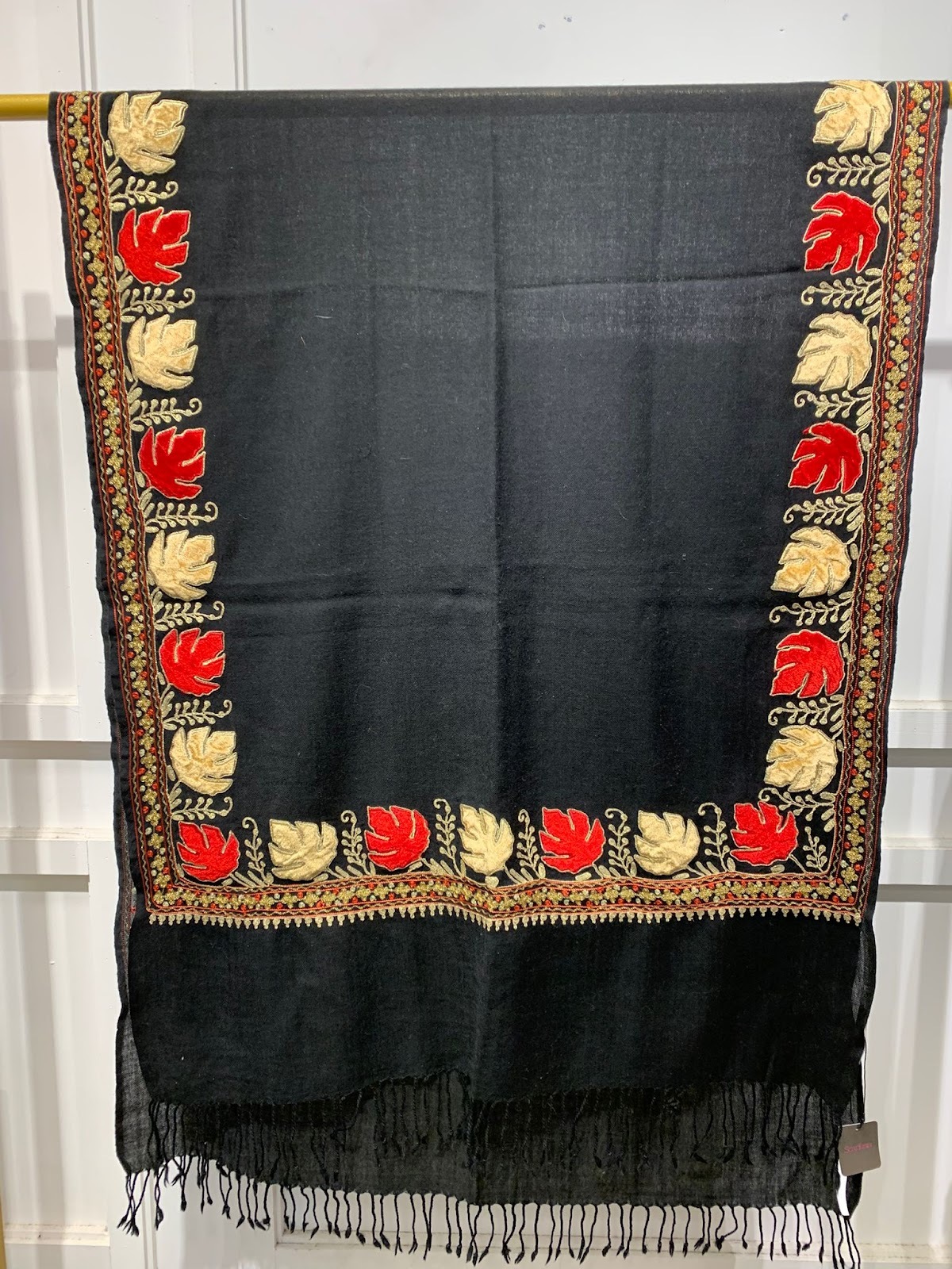 VK106 Scarfesia 藍色楓葉邊流蘇絲巾 100% Merino Wool