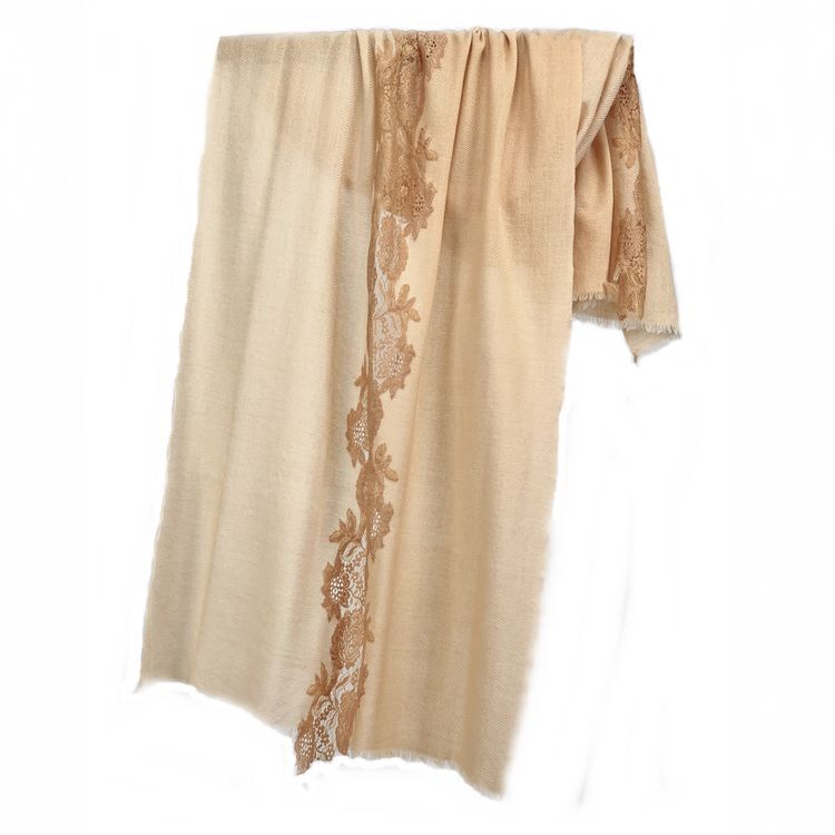 VK115 Scarfesia 杏黃色間條花紋絲巾 70% Wool 30% Cashmere