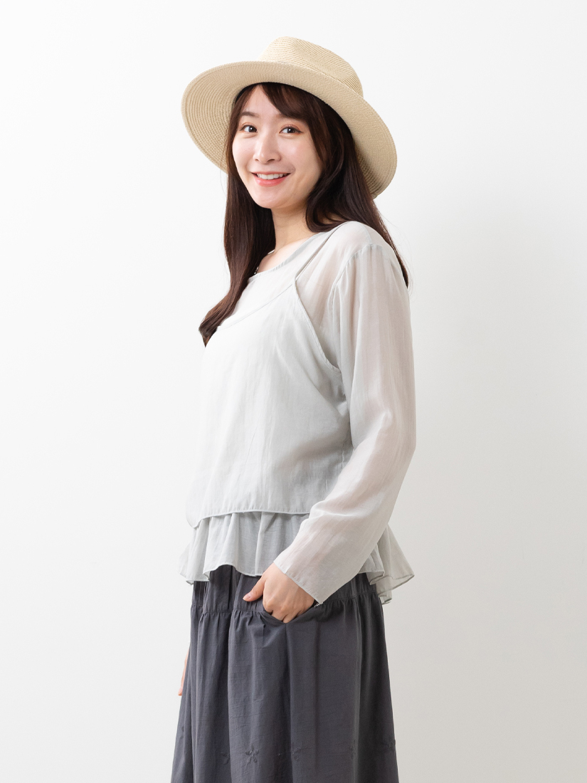 氣質透膚素面荷葉綁帶兩件式上衣