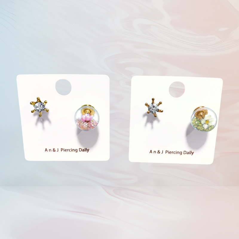 合金-六點白鋯耳針&珠珠透明球耳扣 2色