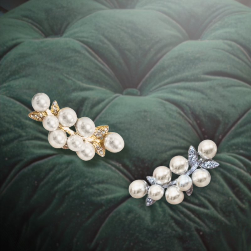 韓國直送手工胸針 排列大小珍珠滿鋯枝葉 2色