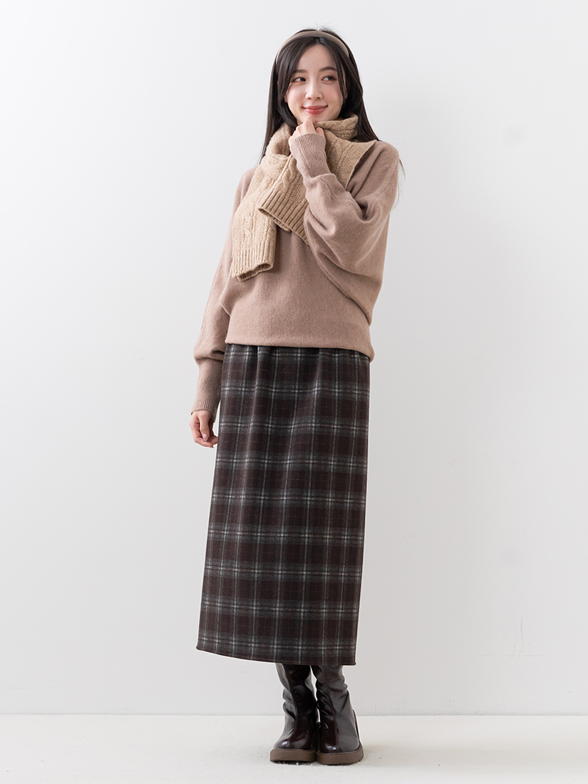 磨毛格紋針織內絨毛開衩長裙